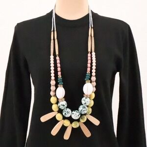 Boho Chunky Beaded Necklace Maximalist Artsy Wood Ceramic Beads Hammered Brass